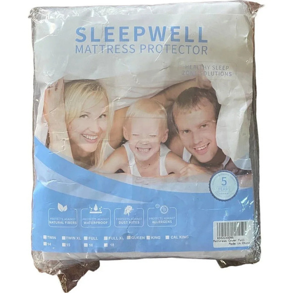 14" Sleep Well Waterproof Mattress Protector, Full Size White  Cover - Picture 1 of 5